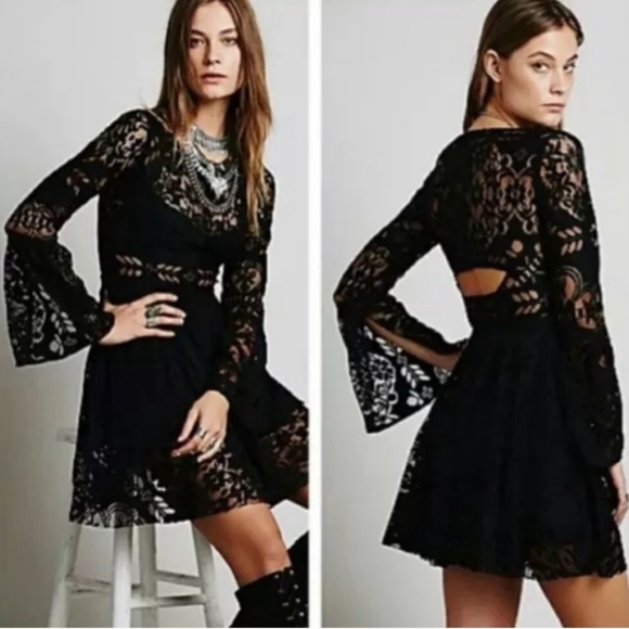 Free People Dresses & Skirts - Free People Black Lace Lovers Folk Dress